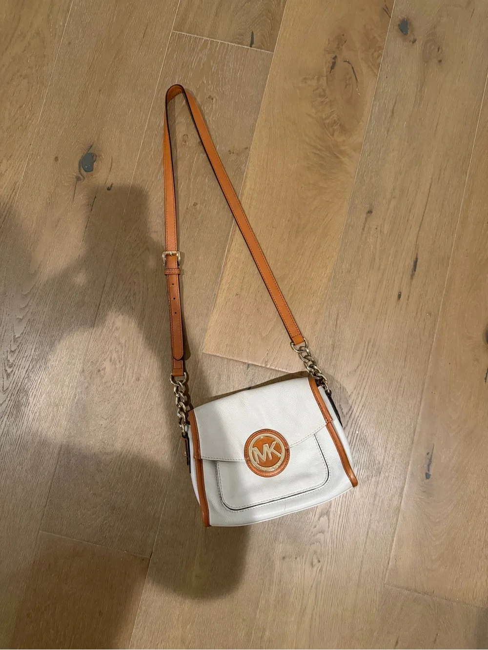 Michael Kors White Leather Crossbody with Tan Trim and Logo